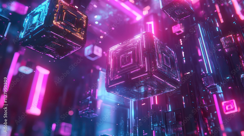 Poster a floating network of blockchain blocks surrounded by neon lights and abstract patterns.