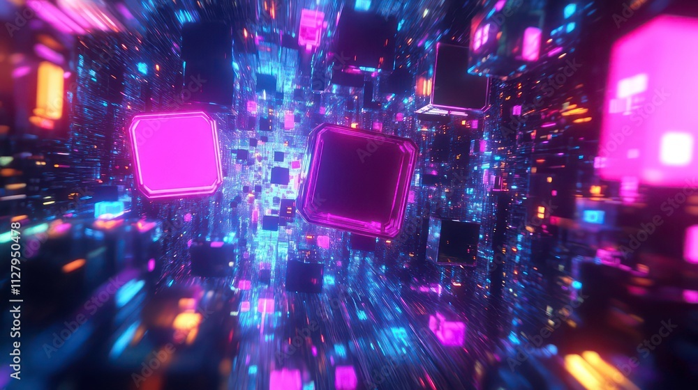 Poster a floating network of blockchain blocks surrounded by neon lights and abstract patterns.