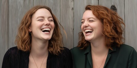 Fototapeta premium Two women share a joyful laugh against a rustic backdrop, capturing the essence of friendship and happiness. Their genuine smiles portray the beauty of companionship and shared moments.