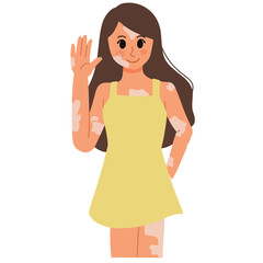 a portrait of vitiligo woman gesturing hello illustration