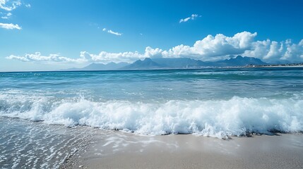 Fototapeta premium Coastal scene with waves on the beach. Concept of relaxation, vacation, and summer.