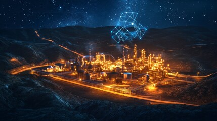 Luminous industrial refinery under starry sky, showcasing advanced technology with digital network overlay in modern energy landscape.