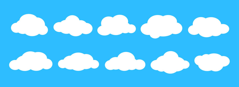 Comic clouds on light blue sky background. Cartoon cloud shapes set for icon, poster, banner, label, badge, tag, logo, decoration. White blank speech bubble collection. Text box claud bundle. Vector