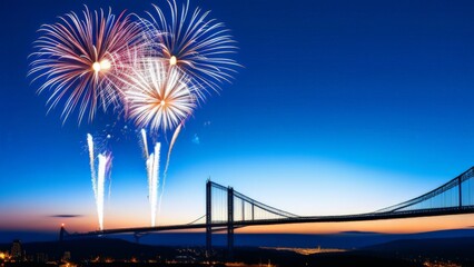 A bridge with fireworks in the background