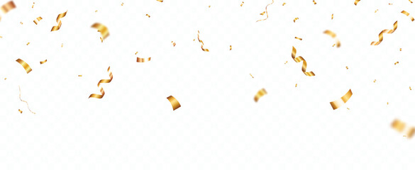 Gold Confetti and ribbons celebration party design element, Falling shiny gold confetti isolated on transparent background