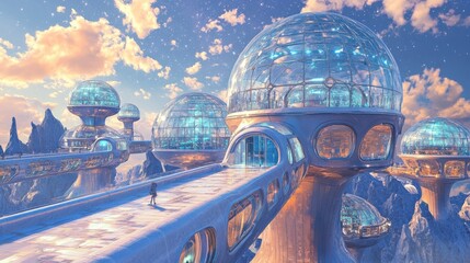 Futuristic glass dome city of suspended bridges urban landscape digital art vibrant environment aerial view visionary architecture for seo impact