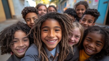 Fototapeta premium Group selfie of elementary school students taking a group photo at a co-educational school. Students from diverse backgrounds smile and pose happily.