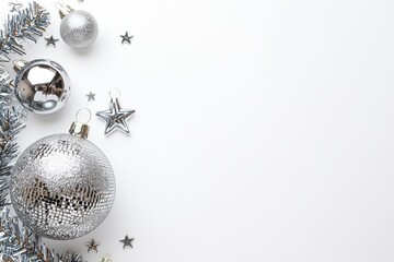 Silver tinsel and disco ball Christmas ornament isolated on white background , isolated on white background,  , copy space, copy space for text,