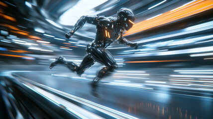 futuristic cyborg athlete sprints through high tech environment, showcasing speed and agility. scene is dynamic, with motion blur emphasizing rapid movement and advanced technology
