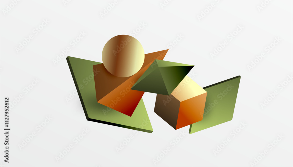 Poster abstract design showcasing isometric cubes, pyramids, squares, and spheres in a vibrant 3d layout. m