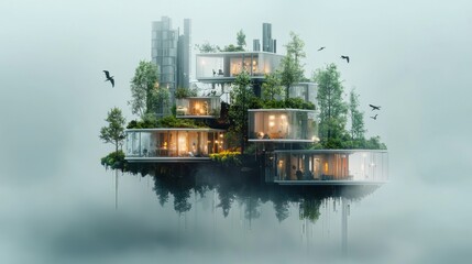 Fototapeta premium Floating island adventure futuristic cityscape digital art ethereal landscape aerial view sci-fi concept with glowing structures and lush nature highlights