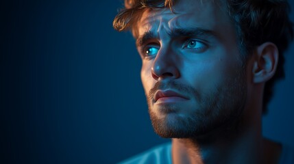 A man shows an anxious or troubled expression on his face. His face shows an anxious expression, with his brows furrowed and his jaw slightly tensed. The background is dark blue.