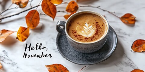 Coffee in a cup on a saucer and branches with orange leaves on a light background top view with the inscription "Hello, November",Generative AI 