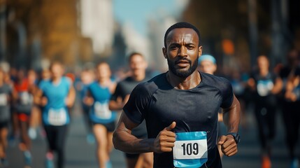 A man competing in a marathon race, running with determination and focus. He is dressed in athletic gear, including a race bib, and surrounded by other runners in the background.