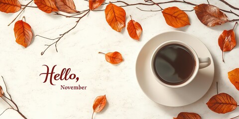 Coffee in a cup on a saucer and branches with orange leaves on a light background top view with the inscription "Hello, November",Generative AI 