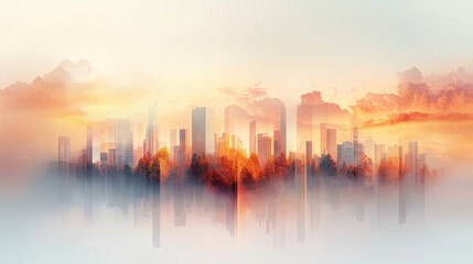 Fototapeta premium Urban dawn neourban skyscrapers against a vibrant orange skyline digital art collection futuristic cityscape aerial view conceptual exploration of modern architecture