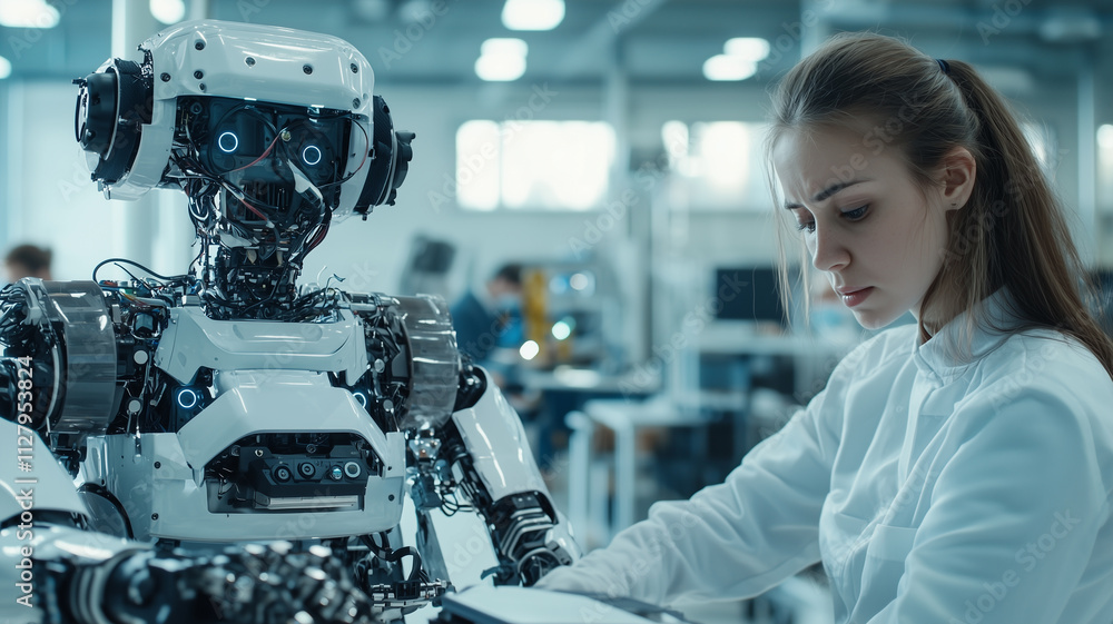Aufkleber female engineer is assembling robot in workshop, focusing intently on her task. setting is modern, high tech environment with various tools and equipment visible
