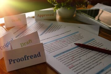 English article being proofread in office