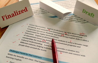 English article being proofread in office