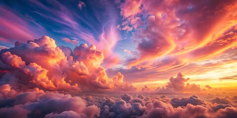A breathtaking aerial view of a vibrant sunset, showcasing a dramatic interplay of colors and textures in the cloudscape