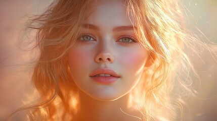 Fototapeta premium Beautiful Asian Woman with Flowing Hair and Warm Glow Ethereal Dreamy Atmosphere