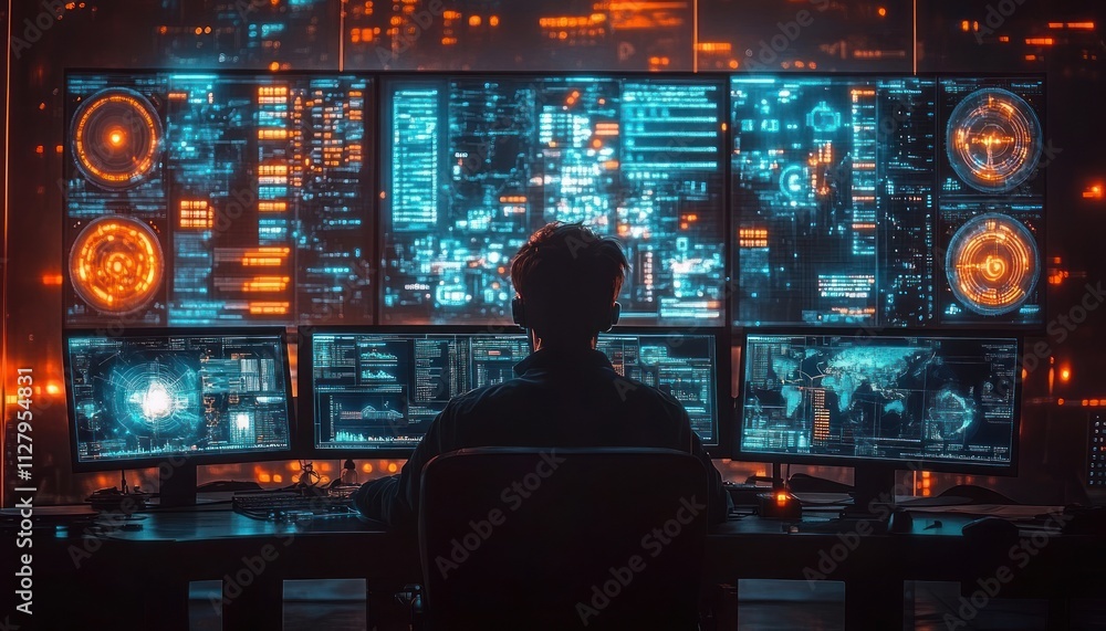 Poster high-tech cybersecurity operations center with real-time threat detection and monitoring tools
