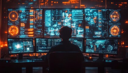 High-Tech Cybersecurity Operations Center with Real-Time Threat Detection and Monitoring Tools