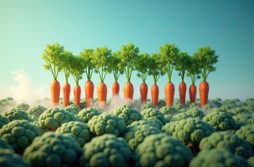 A surreal landscape of carrots with broccoli tops, creating a whimsical and imaginative scene.
