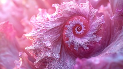 Pink Cabbage Leaf Displays Spiral Pattern And Dewdrops