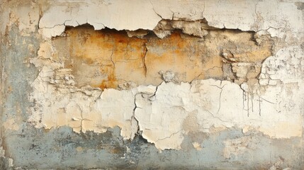 Weathered and Textured Wall with Peeling Paint and Cracks Revealing Layers of Color and Age