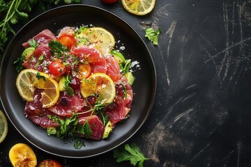 Delicious tuna salad with avocado, lemon, and cherry tomatoes.