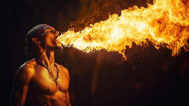 Fire Performer Breathes Massive Fireball Creating Spectacular Display of Flames and Sparks in Dark Background - Powered by Adobe