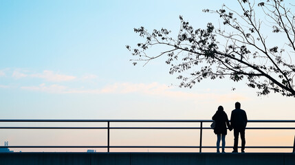Silhouettes of Love: A tender moment of connection as a couple stands hand-in-hand, silhouetted against a breathtaking sunset sky, their love story unfolding amidst the beauty of nature.