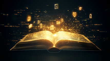 Open book with magical floating symbols and lights, representing imaginative knowledge and fantasy, glowing in a dark enchanting environment. Fable. Illustration