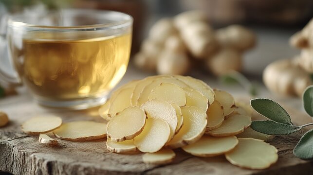 Freshly Sliced Astragalus Root with Herbal Tea 
