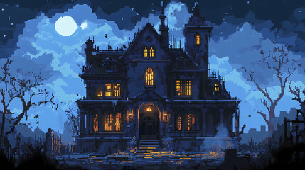 Obraz premium Pixel art haunted mansion with broken windows and ghostly lights. Fable. Illustration