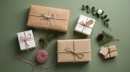 Eco friendly wrapped gift boxes in kraft paper with twine bows