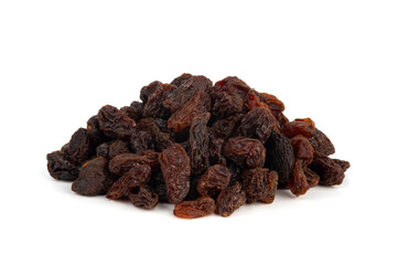 Heap of black sweet raisins isolated on a white background
