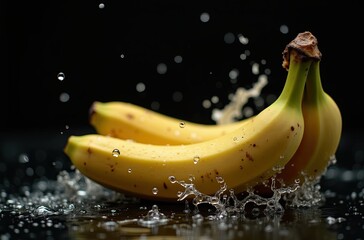 A ripe banana splashing into water, creating a beautiful spray of droplets against a dark background.
