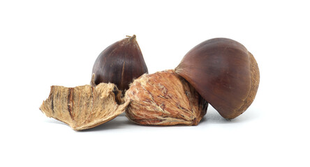 Close-Up Shot of Whole and Split Chestnuts on White Background