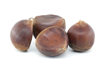 Four Fresh Brown Chestnuts on White Background Close-Up