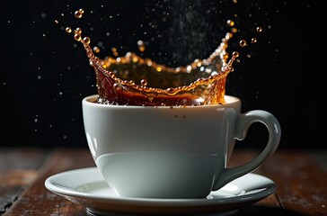 A Coffee cup with a splash of coffee, creating a dramatic and dynamic image.