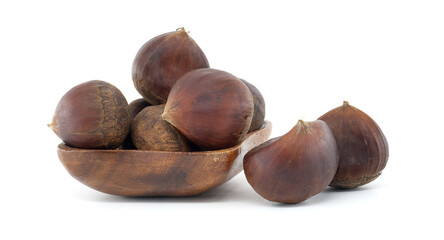 Natural Chestnuts in Wooden Bowl Isolated on White Background
