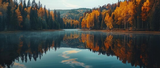 Obraz premium Autumn forest with colorful trees reflected in a still lake under a clear sky.