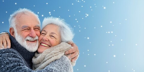 An elderly couple joyfully embraces in a snowy setting, radiating warmth and love amidst a beautiful winter backdrop, celebrating a lifetime of togetherness.