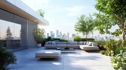 Fototapeta premium 15.Contemporary rooftop patio with a sleek modular sofa, decorative cushions, and modern furnishings, framed by greenery and small potted trees; the city skyline visible in the background adds an