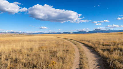 Fototapeta premium Path to the Horizon: A winding dirt path cuts through a golden field, leading towards a distant mountain range under a vast, blue sky. The scene evokes a sense of adventure and possibility.