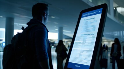 Fototapeta premium Man standing at airport terminal, gazing at large digital screen showing immigration policies, amidst bustling crowd and luggage, highlighting importance of travel regulations and border control infor