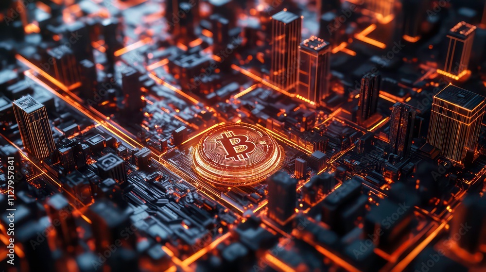 Poster futuristic city built on a circuit board with a central bitcoin.