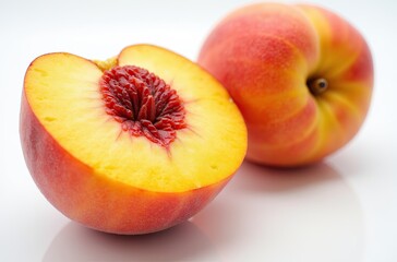A group of ripe peaches, one cut in half to reveal its juicy flesh and seed.